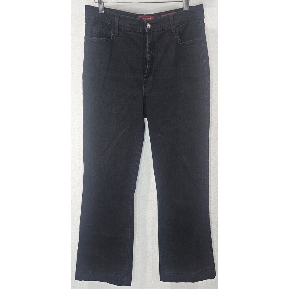 NYDJ Women Black Cotton Twill Denim Stretch Embellished Trim Jeans Size 12